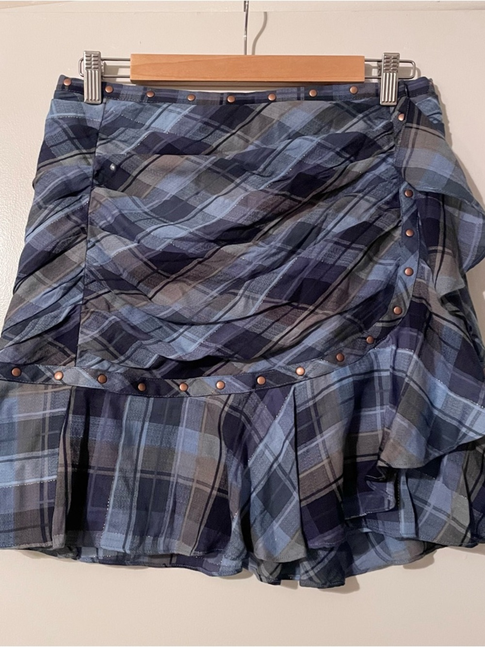 Veronica Beard Navy and Light Blue Plaid Ruffle Skirt